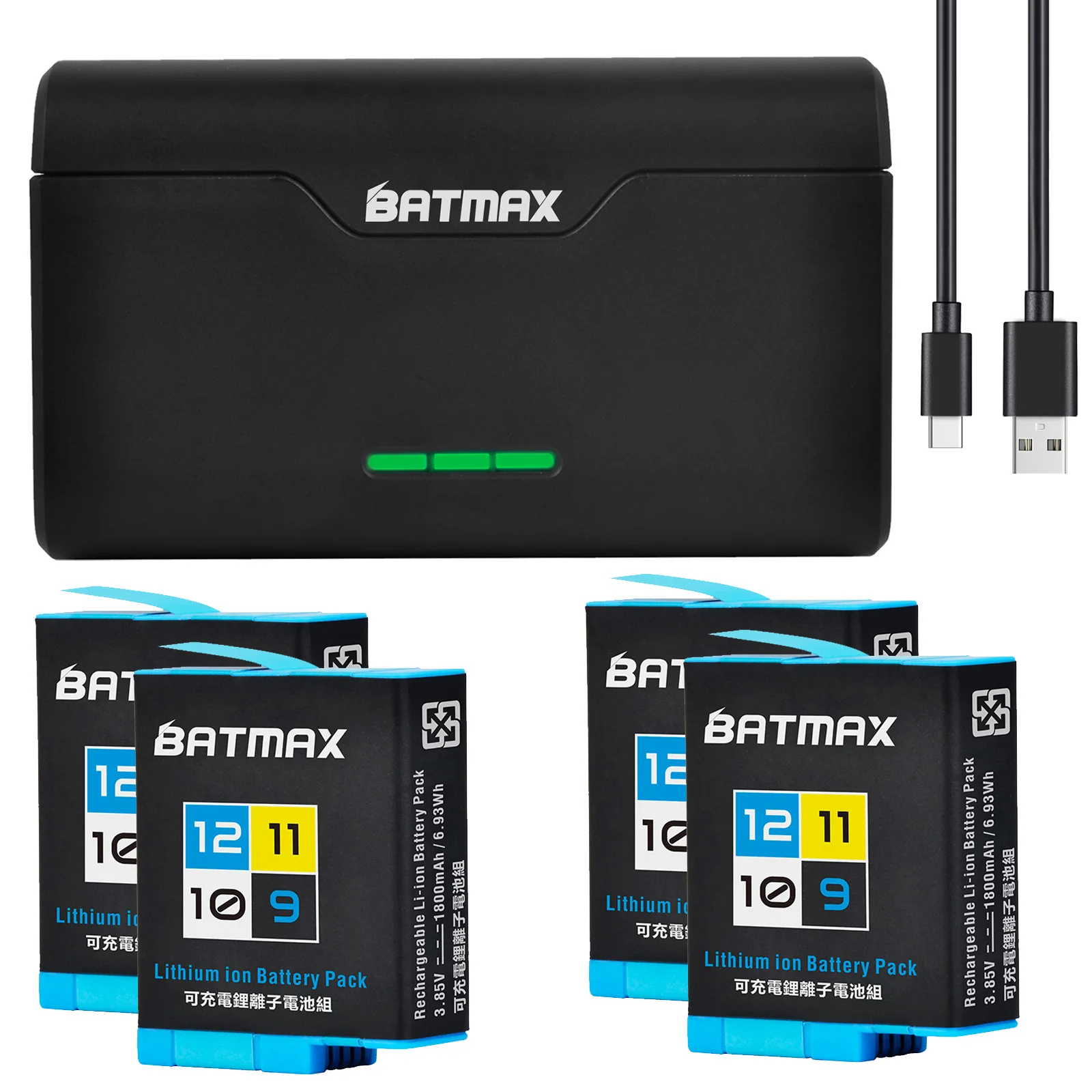 Batmax 1800mAh Battery and 3-Slots Box charger for GoPro Hero 12 hero 11 10 9 GoPro Hero Camera Accessories