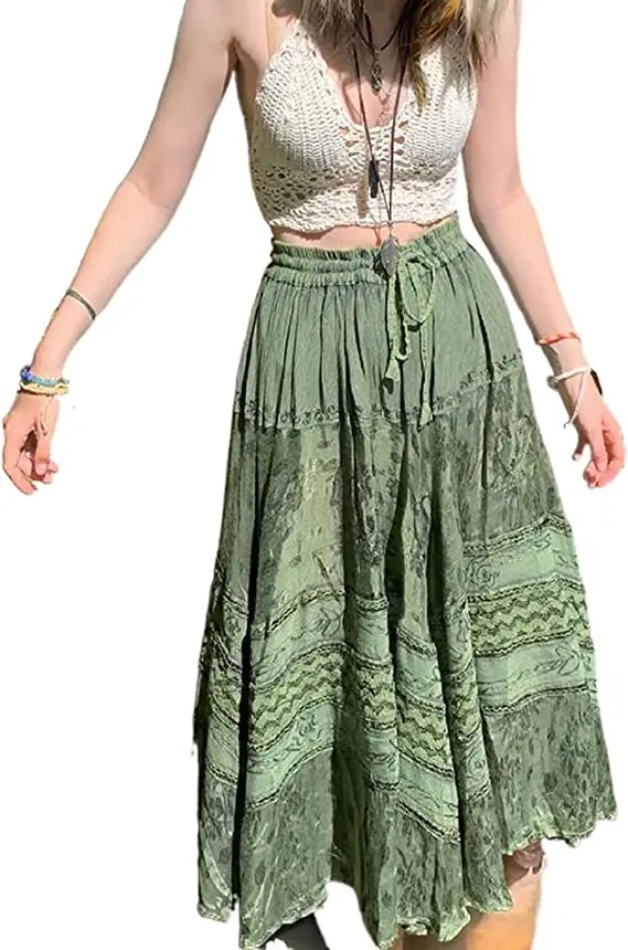 y2k Printed Green Midi Skirts Retro Kawaii Lace Up Long Pleated Skirts Grunge Fairycore Boho Beach Holiday Skirt Chic Women