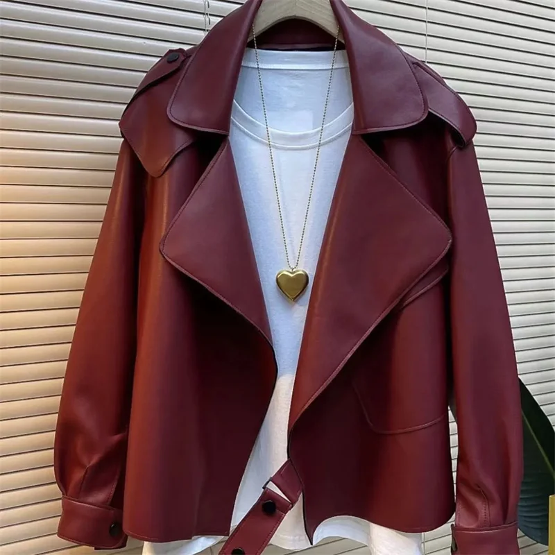 2024 Brown Black Red Leather Jacket Women\'s Spring Autumn Suit Collar Leather Coat Fashion Loose Jackets Outwear Coats Female