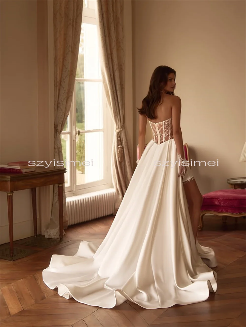 Modern A-Line Wedding Dress Minimalist Simple Satin Bridal Dress Back See Through Evening Gowns vestido de noiva