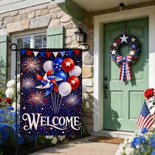 4Th of July Garden Flag 12X18 Inch Burlap Double Sided Balloon Star American Wel 744759040411 AAV hhz