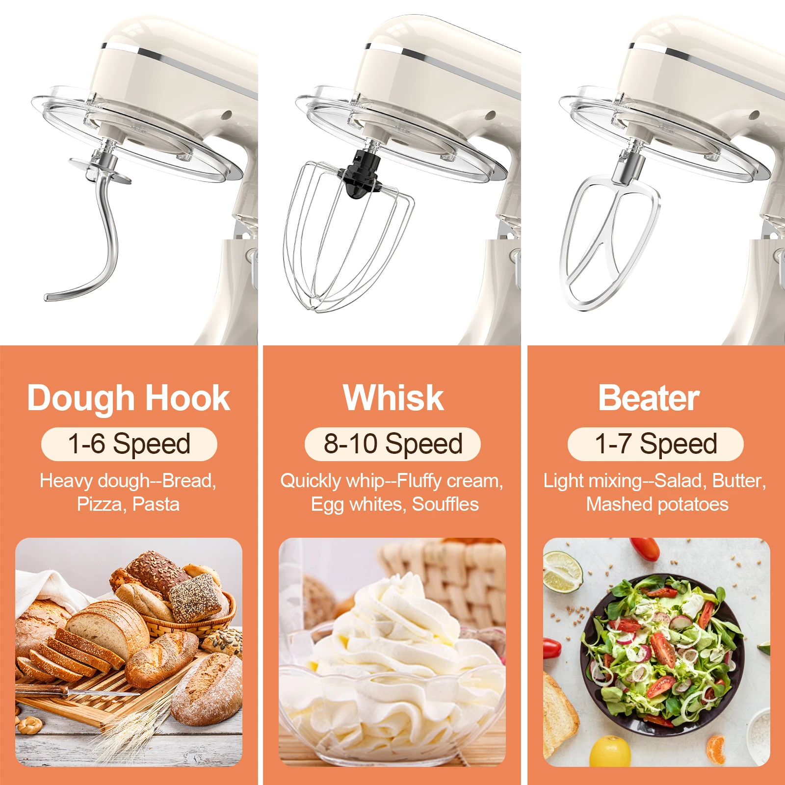 3-IN-1 Electric Stand Mixer, 660W 10-Speed With Pulse Button, Attachments include 6.5QT Bowl, Dough Hook, Beater, Whisk