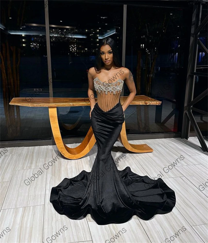 Vestido de noche largo de terciopelo sin tirantes para niñas negras, traje Sexy con cuentas de diamantes de cristal para fiesta de cumpleaños, con cordones en la espalda, 2023