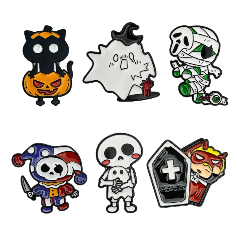 New Creative Cartoon Halloween Pumpkin Black Cat Ghost Devil Mummy Badge Metal Brooch Pin For Gift DIY Clothing Bags Accessories