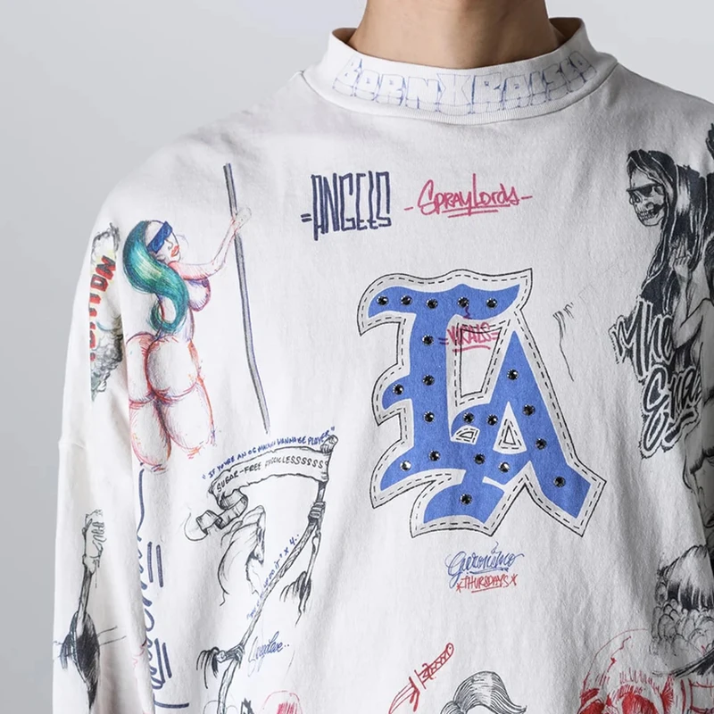 

Винтажная футболка с эффектом потертости, свободного кроя, с длинным рукавом, с принтом Святого Михаила, со стразами, из хлопка, молодежная, модная, повседневная