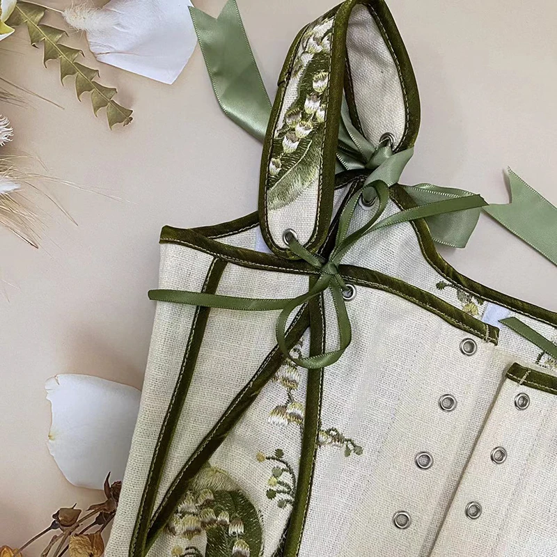 

Lily of The Valley Embroidered Green Corset Straps Designer Original Corselet High Quality Suspender Sexy Floral Bustier