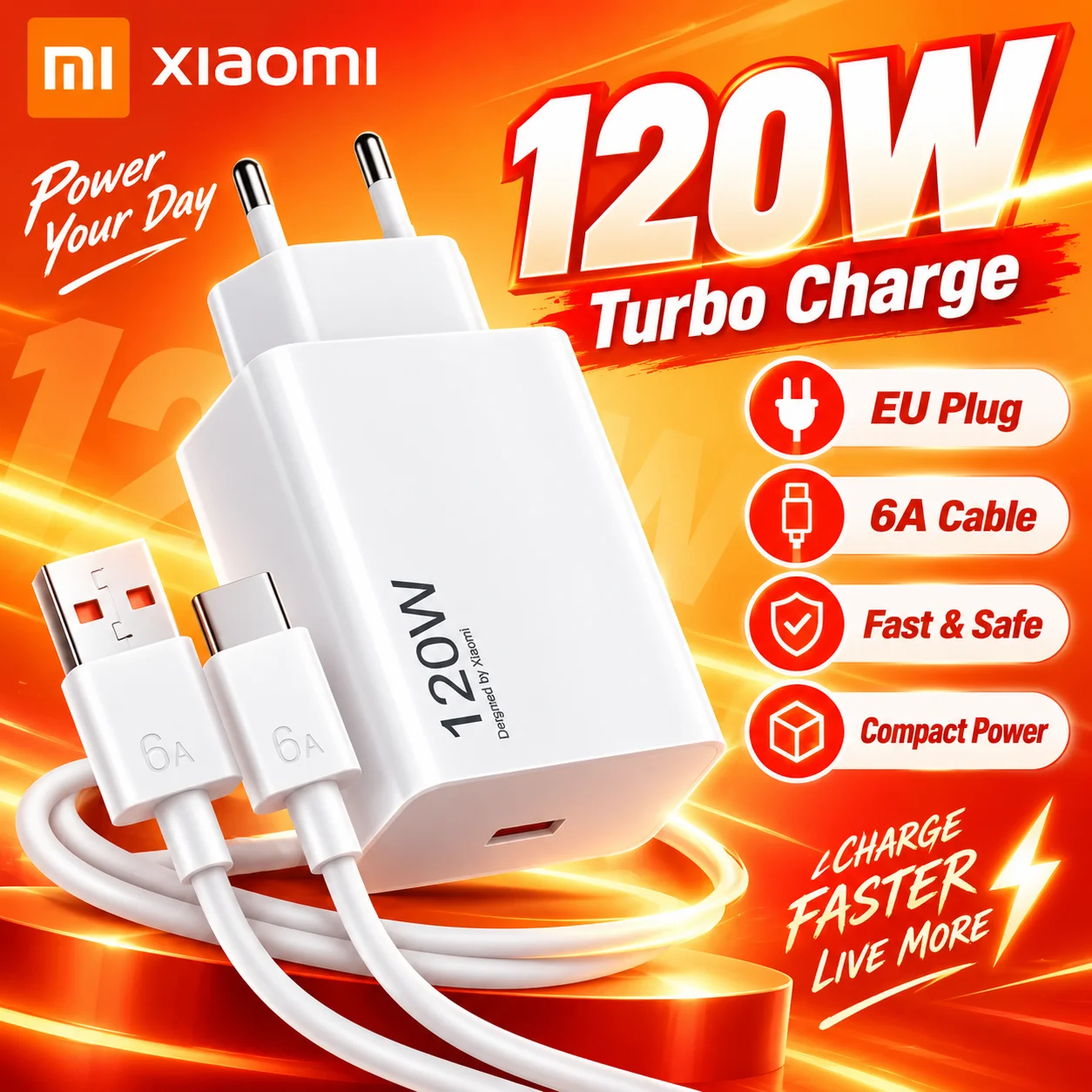 Xiaomi 120W HyperCharge Charger EU Power Adapter with 10A USB A to Type C Cable Fast Charging for Redmi POCO Mobile Phone