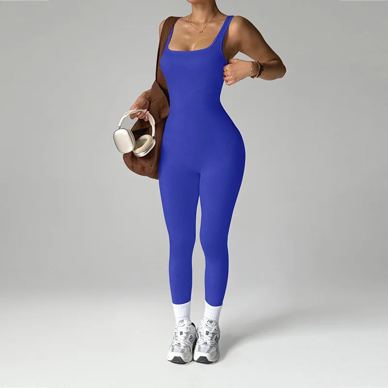 Women's One Piece Fitness Jumpsuits Seamless Slim Tracksuit High Elastic Gym Workout Bodysuit Ribbed Knited Hip Lift Jumpsuits