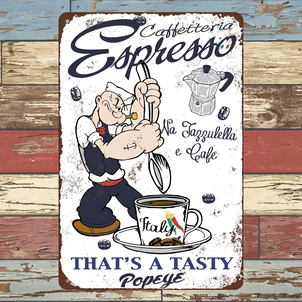 2D Flat, Popeye Stirring Coffee  Metal Sign - Tin Wall Art for Coffee Shops, Kitchens & Restaurants