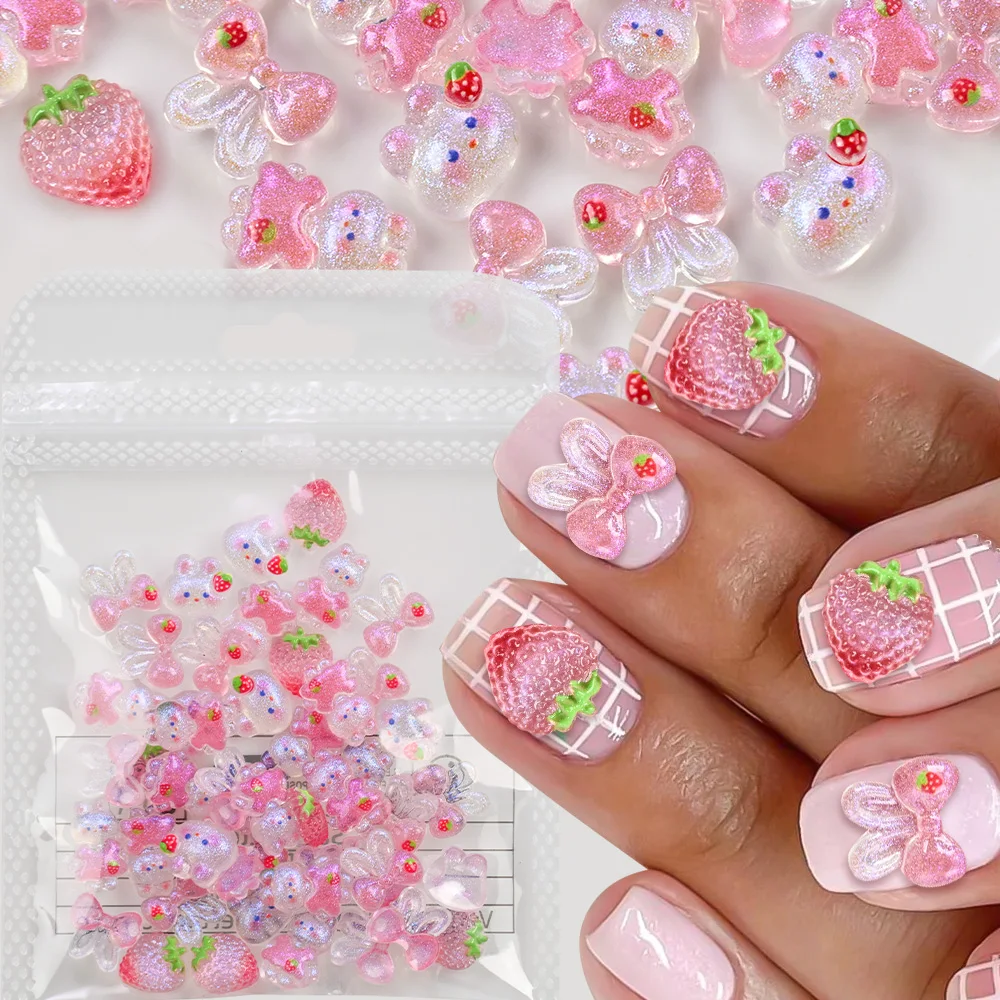 50 Pz 3D Misto Fragola Coniglio Parti Del Chiodo Pendenti e Ciondoli Rosa Del Fumetto Lucido Arco Coniglietto Y2K Decorazione Del Chiodo Della Resina Unghie artistiche Accessori * &