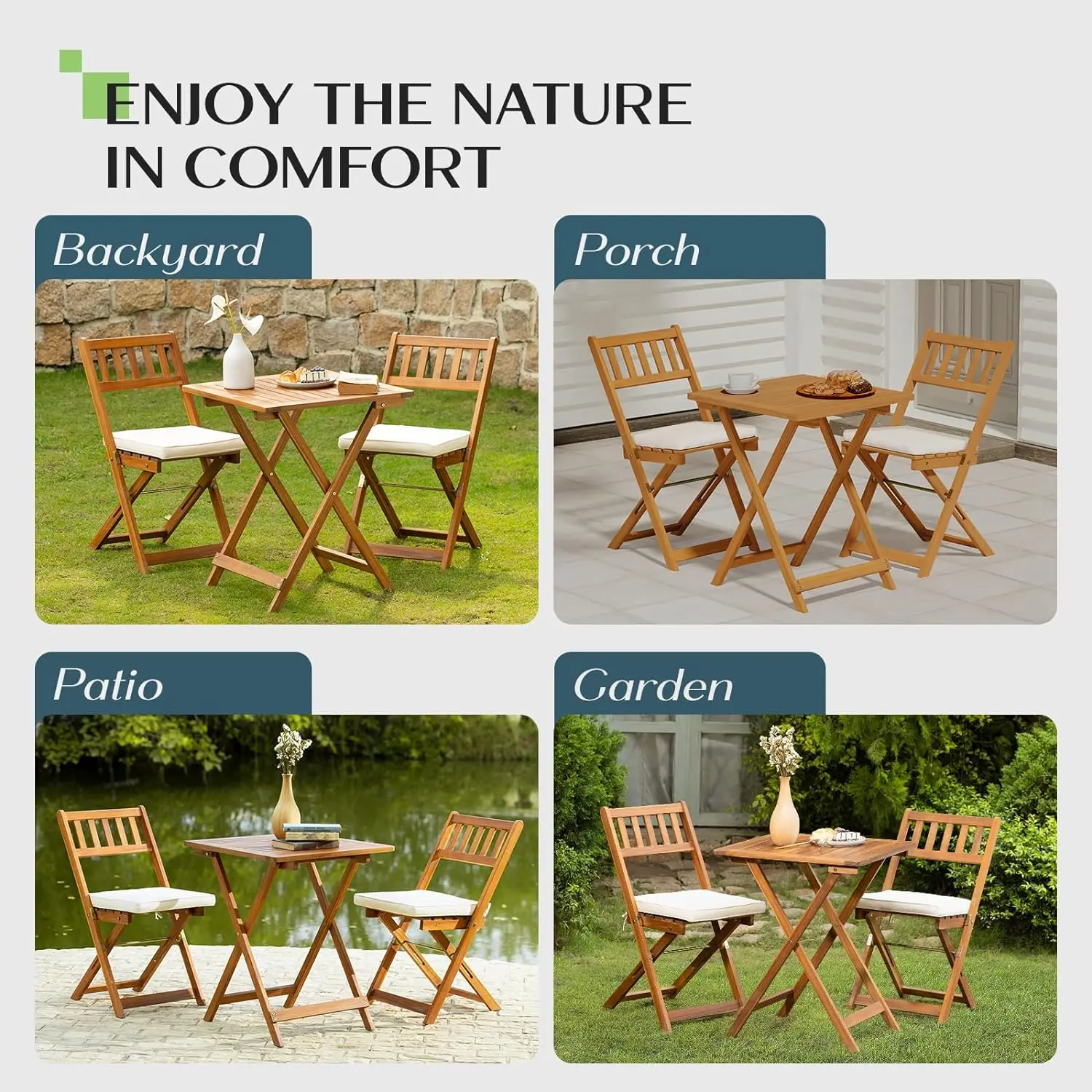 Square Table Heavy Duty 400lbs Capacity Patio Bistro Set 3 Piece Outdoor, Folding Chairs w/Cushion