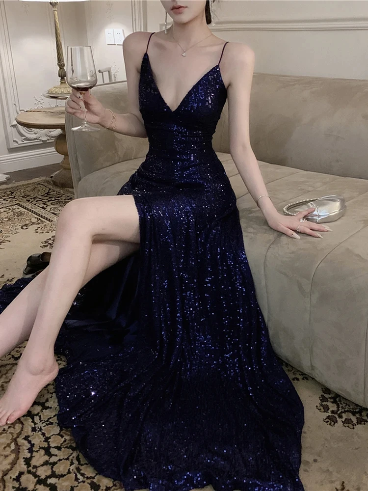 

Sequins Slip Dresses Birthday Party Long Dresses Elegant Slit Mop Dresses Women's Evening Luxury Sexy V-Neck Dresses 2024