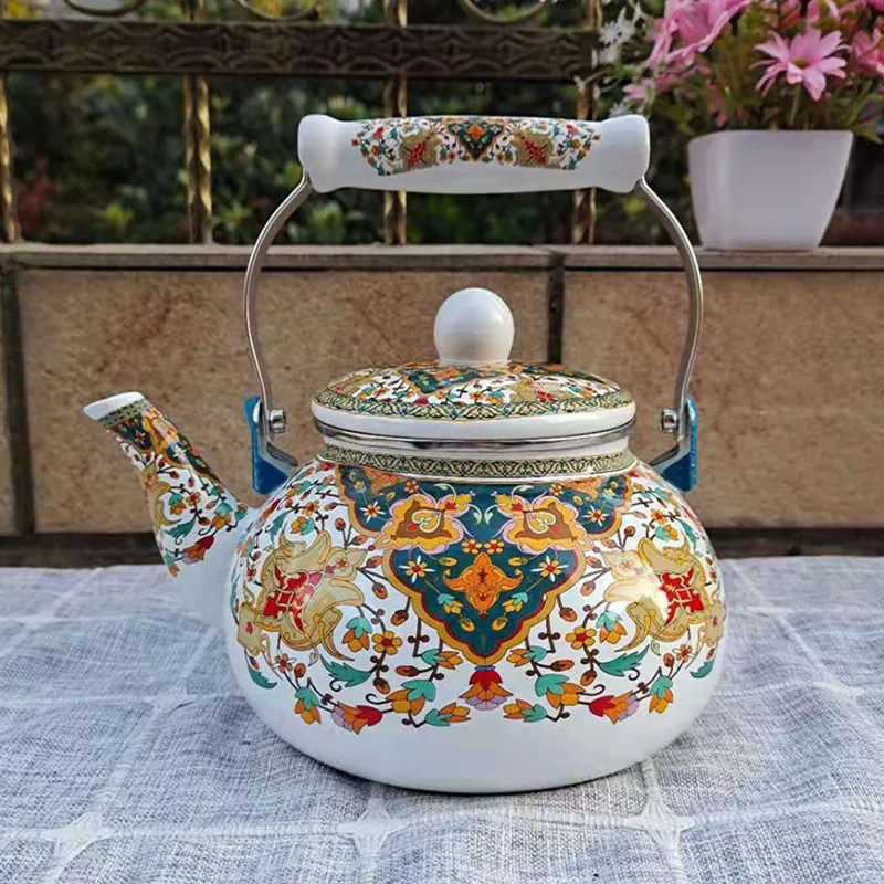 1pcs Chinese-style enamel teapot 2.5L  anti-scald handle, gas stove kettle, pear-shaped floral enamel coffee pot