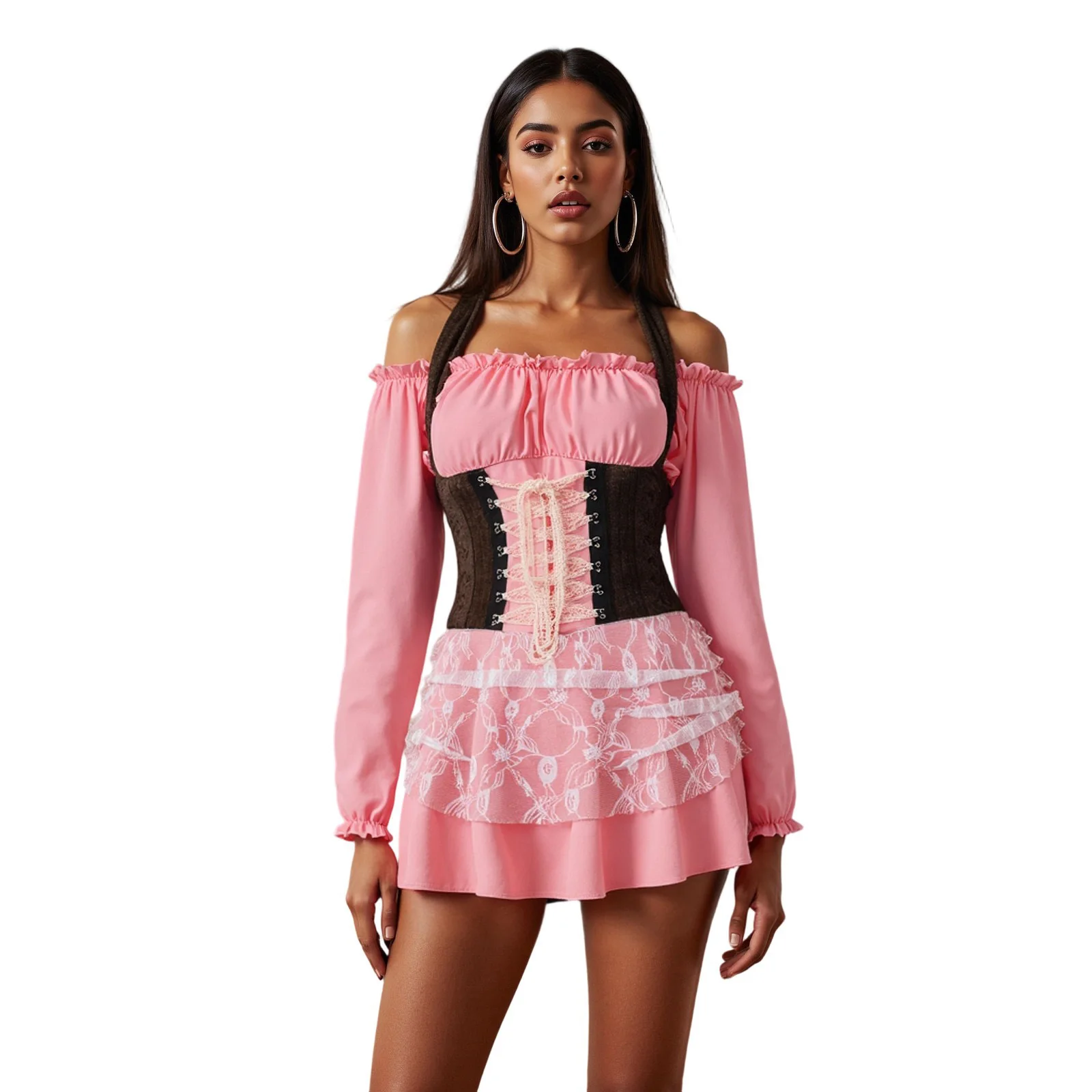 

Women Pirate Costumes Contrast Long Sleeve Short Dress Halloween Cosplay Clothes for Party Club Stage