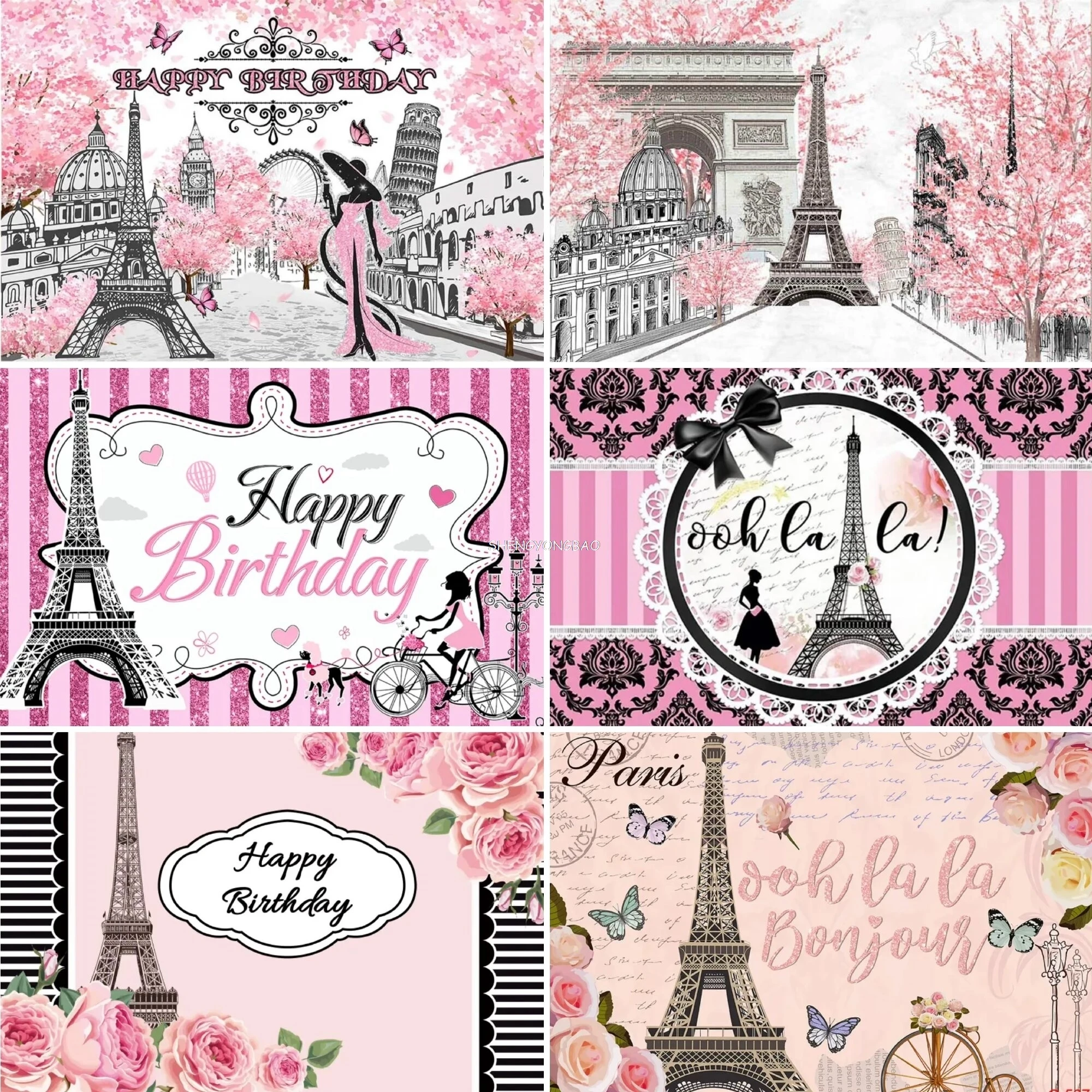 

Gray Eiffel Tower Theme Photography Backdrop Pink Flowers Trees Paris Birthday Decoration Fashion Photo Studio Background AT-01