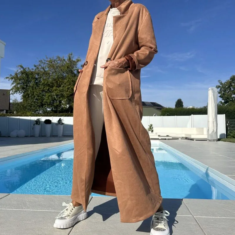 

Autumn Fashion Lapel Collar Suede Long Coat Women Causal Long Sleeve Solid Cardigan Jacket Winter Elegant Button Loose Outercoat