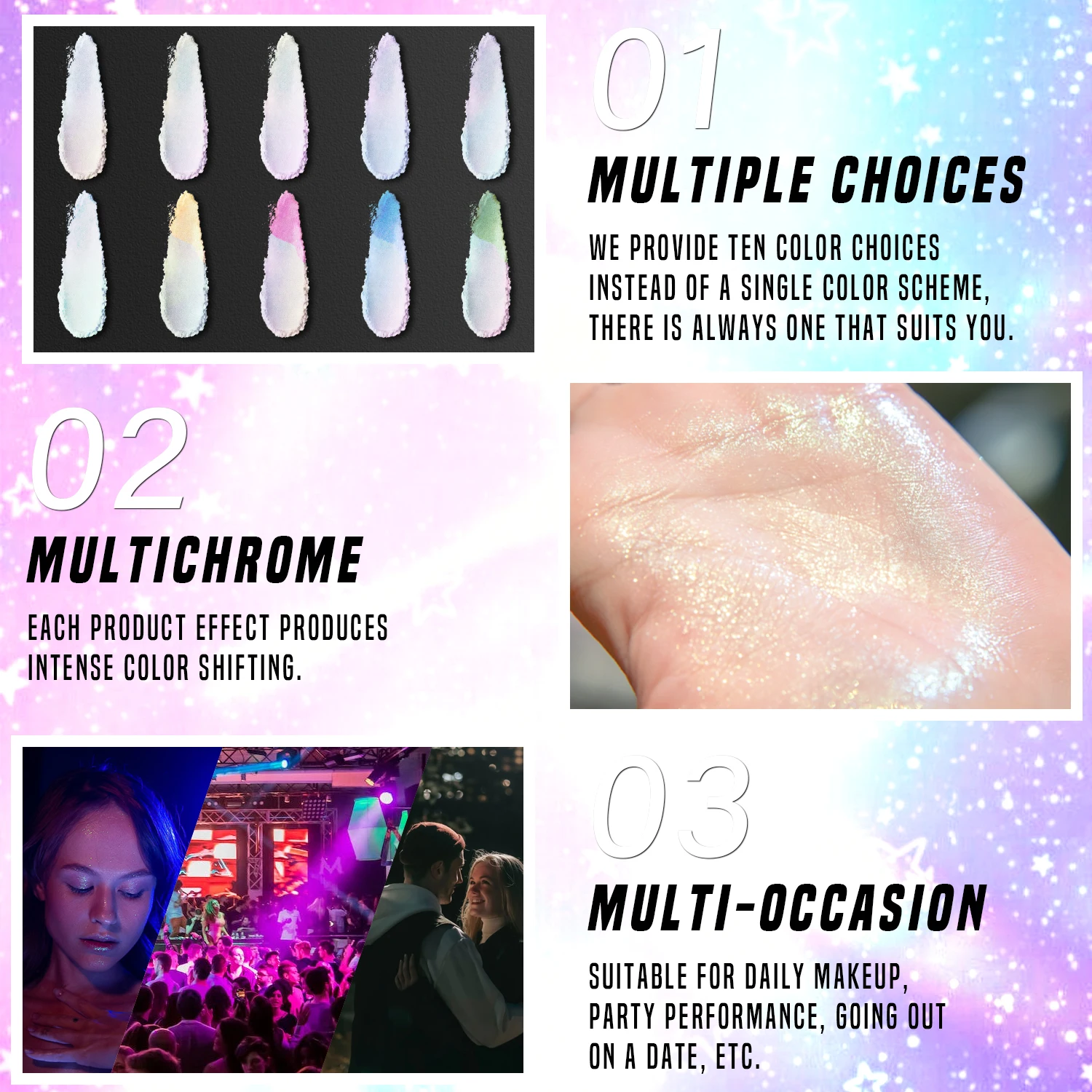 CHARMACY Duochrome Glitter Highlighter Powder 3D Contour Shiny Fairy Illuminate High Light Longlasting Easy to Wear Face Makeup