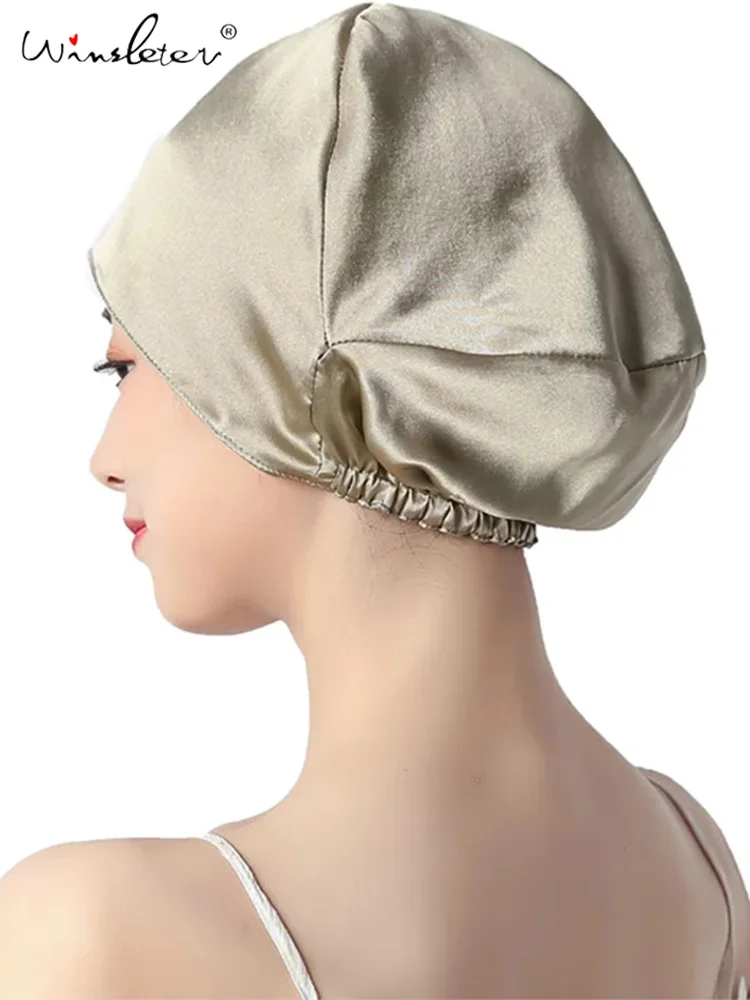 Winsleter,100% Mulberry Silk Turban Bonnets Female Double Layered Sleeping Night Wrap Cap For Curly Ladies A34317M