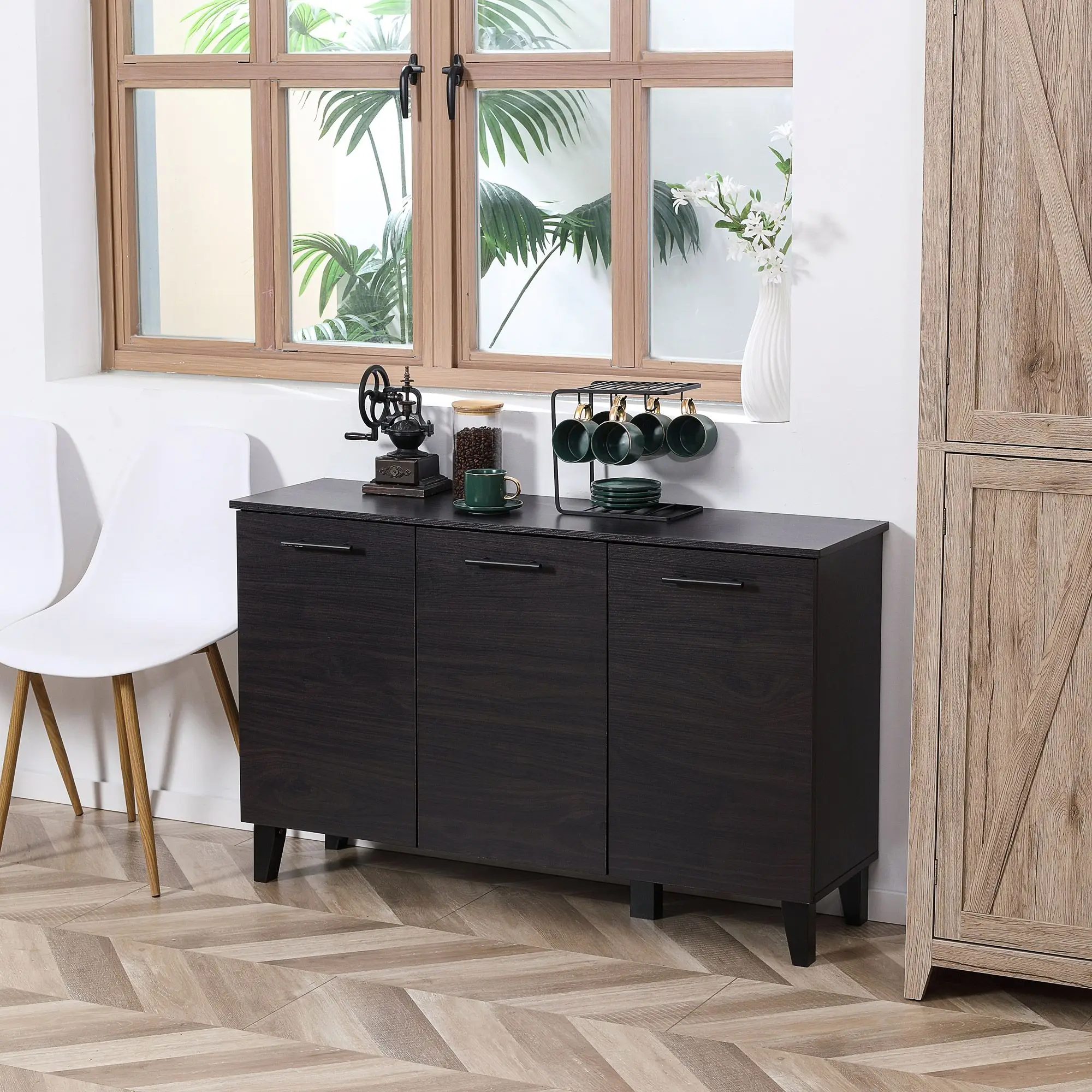 For use in kitchen or dining room sideboards, dark walnut adjustable shelving coffee bar buffet cabinet