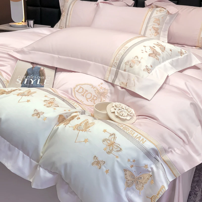 100% Cotton Bedding Set Luxury Golden Butterfly Embroidery Quilt/Duvet Cover Fitted Bed Sheet Sets Pillowcases Home Textile