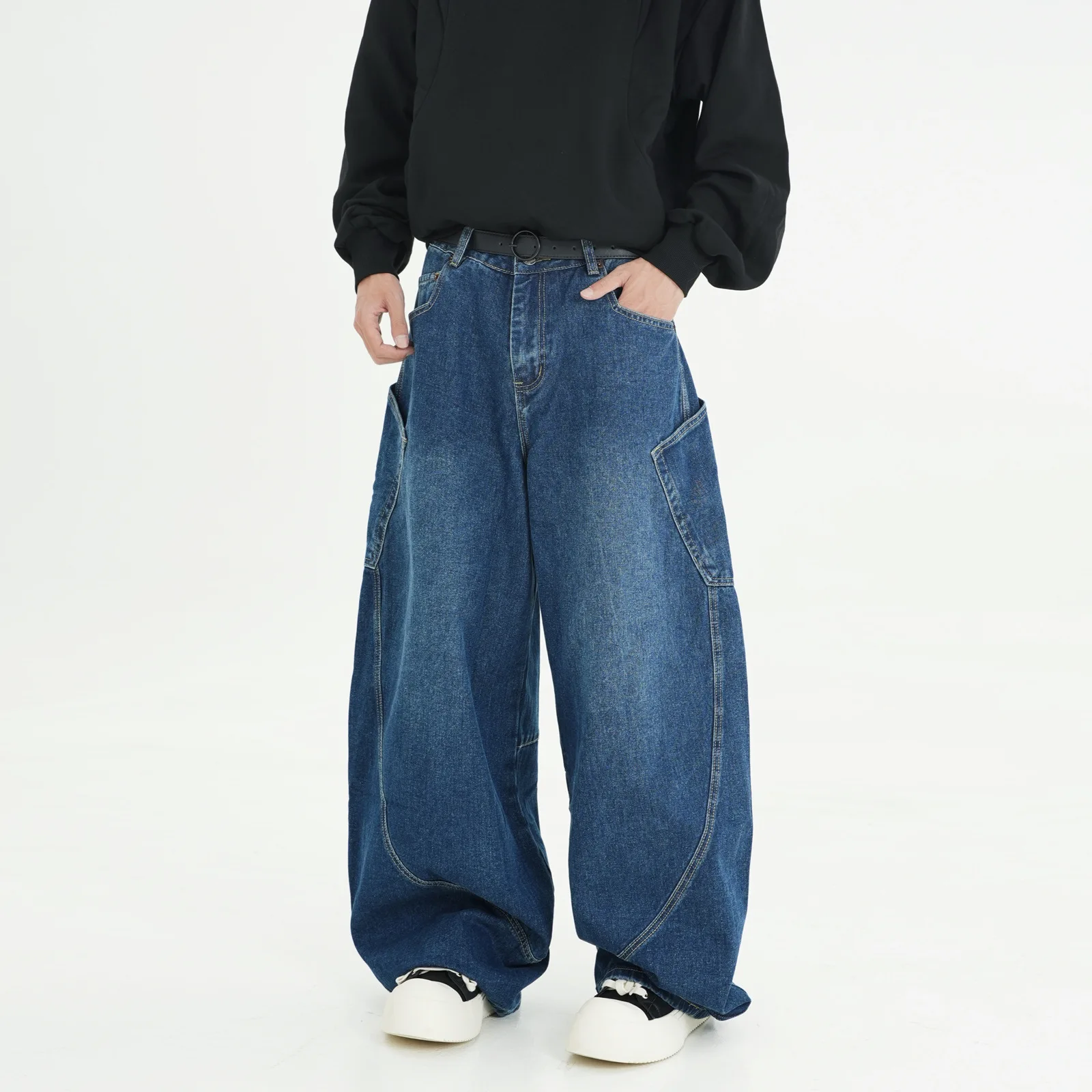 Harajuku Vintage Workwear Jeans Men Loose Fit Wide Leg Denim Pants American Retro Big Pocket Design Straight Dad Trousers New