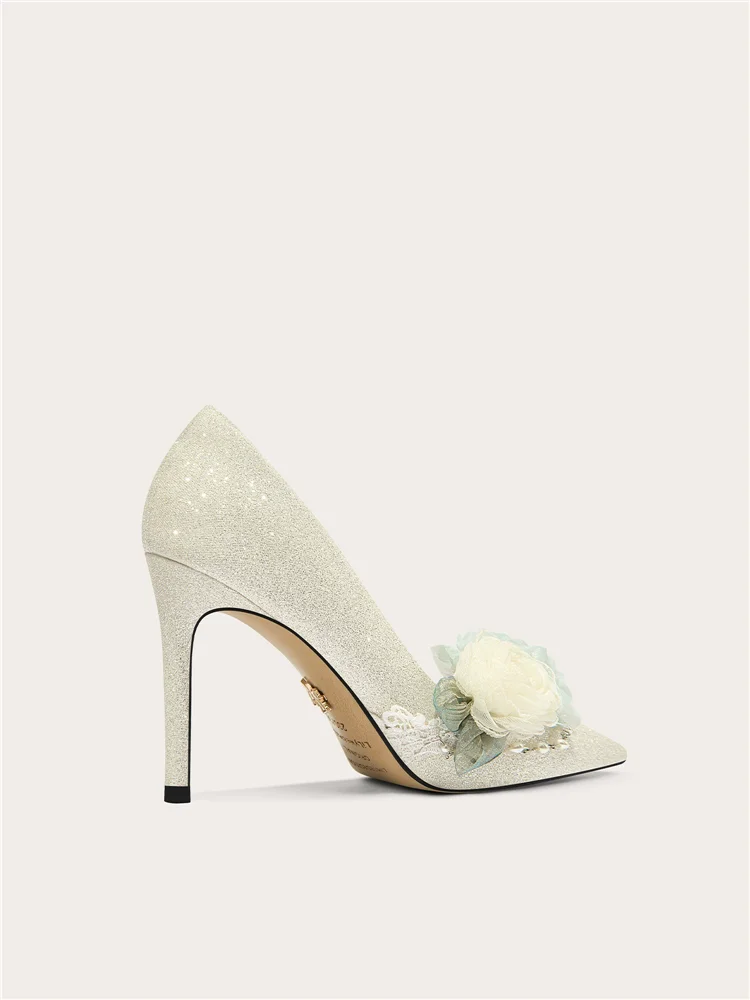 Spring pointed pearl rhinestone mesh flower glitter wedding shoes banquet large size small size slim heel high heels women shoes