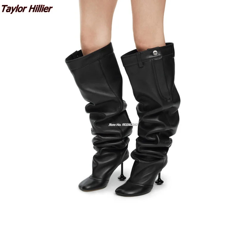 

Autumn And Winter New Square Toe Button Shaped Heel Knee-High Boots Simple Black And White Fashion Catwalk Luxury Women'S Boots