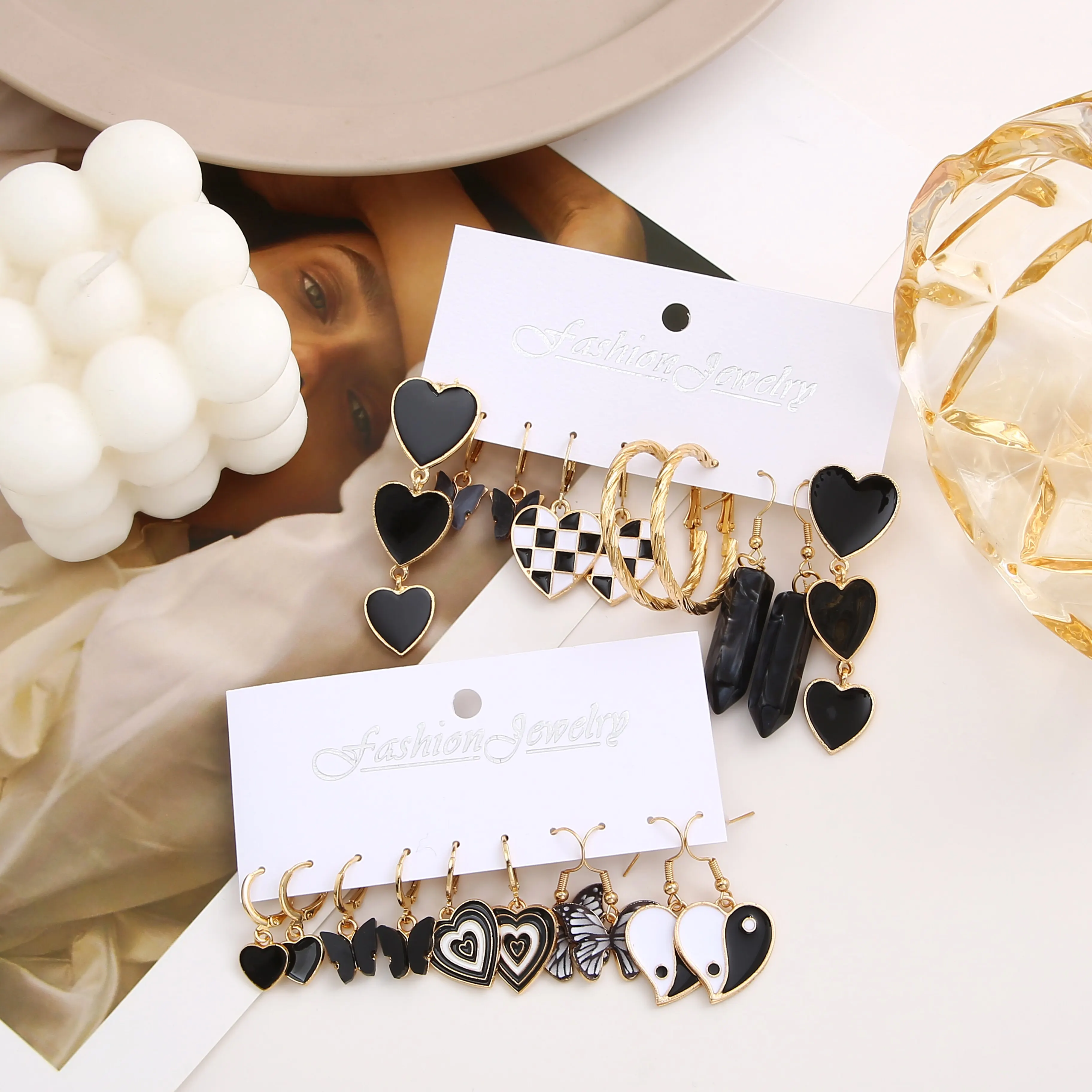 10 Pairs Suit Earrings Western Style Black Chessboard Ladies Love Tai Chi Temperament Fashion Party Style Earrings 10 Sets