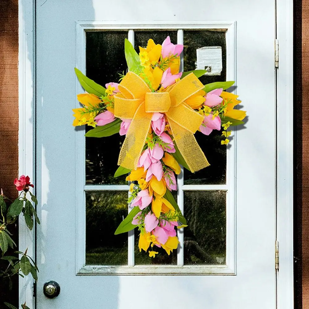 

Cartoon Easter Tulip Flower Wreath Cute Handmade Artificial Bow Wreath Elegant Door Wreath Ornament Kids Gifts