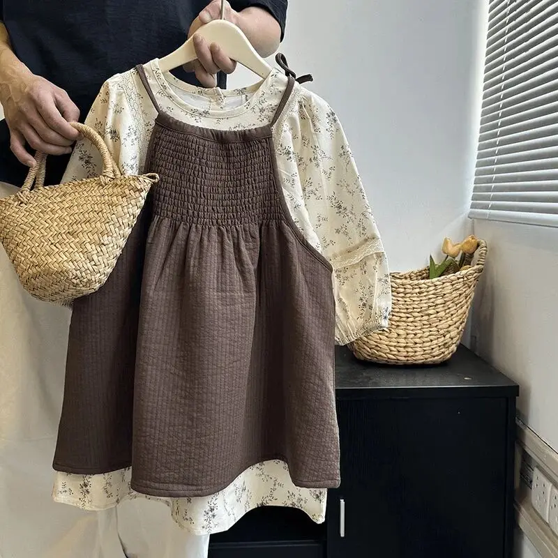 

Girls' dress spring and autumn new children's floral princess camisole dress+shirt 2-piece set