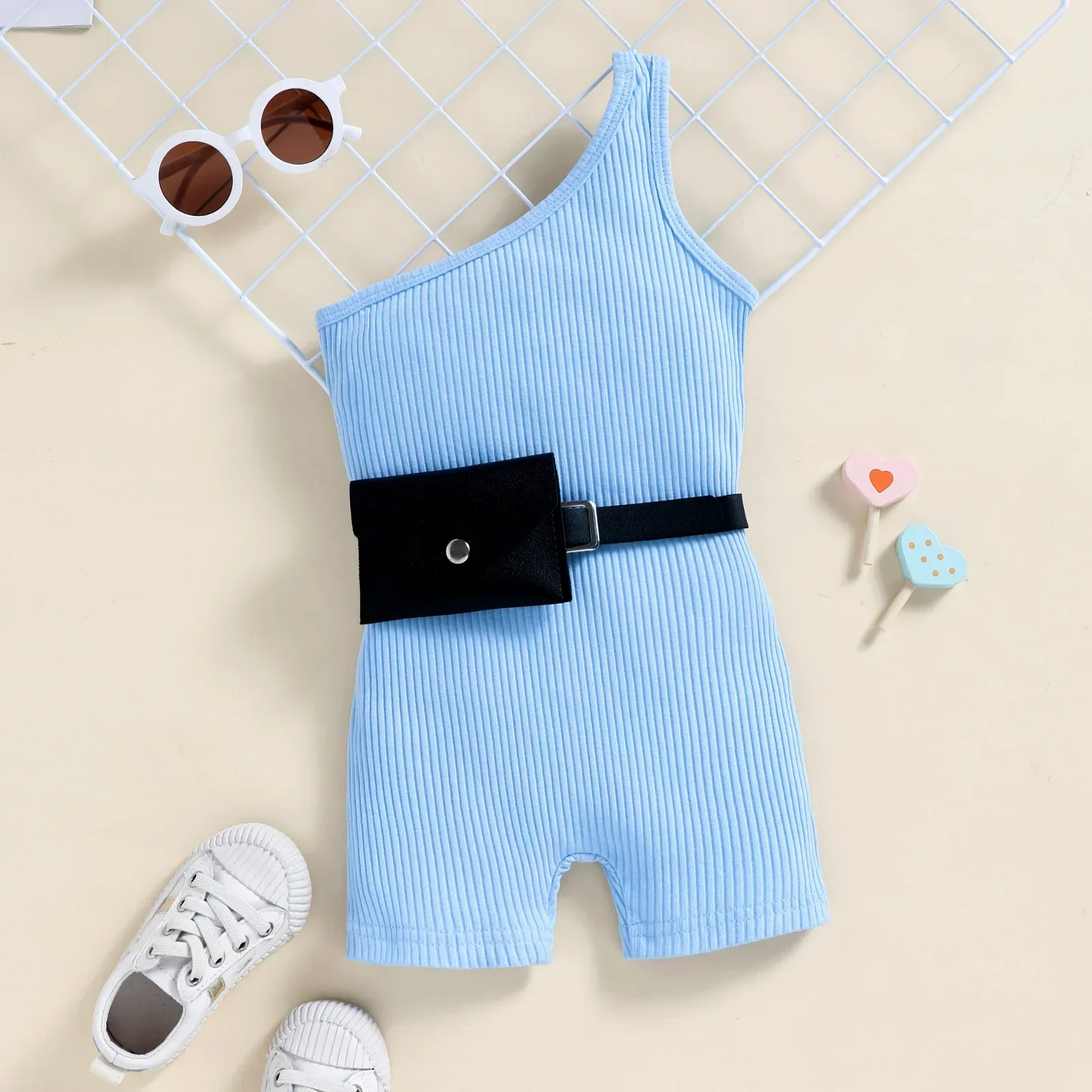 

Kids Clothing Europe Snd United States Summer Solid Color Pit One Shoulder Pit Solid Color + Bag 2Pcs Girl Fashion Jumpsuit 1-6T