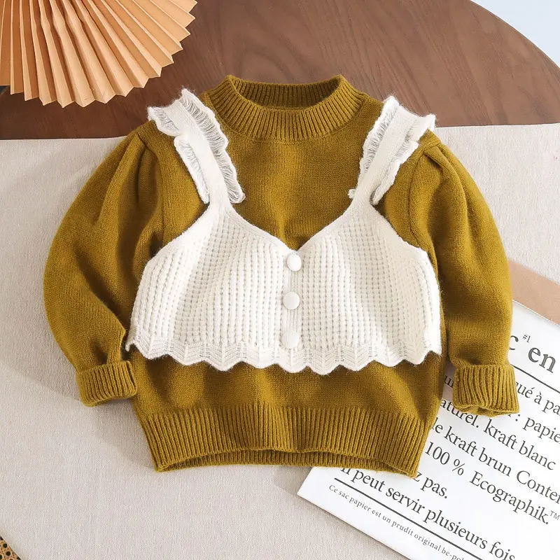 Winter Coat Kids Girls Sweater 2023 New Autumn Korean Sweet Long Sleeve Knit Fake Two Pieces Lace O-neck Thread Pullover