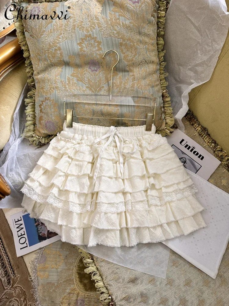 2024 Autumn Clothes New Sweet Girl Cute Short Skirt Culottes Womens Princess Style Lace High Waist Kawaii Elegant Cake Skirts