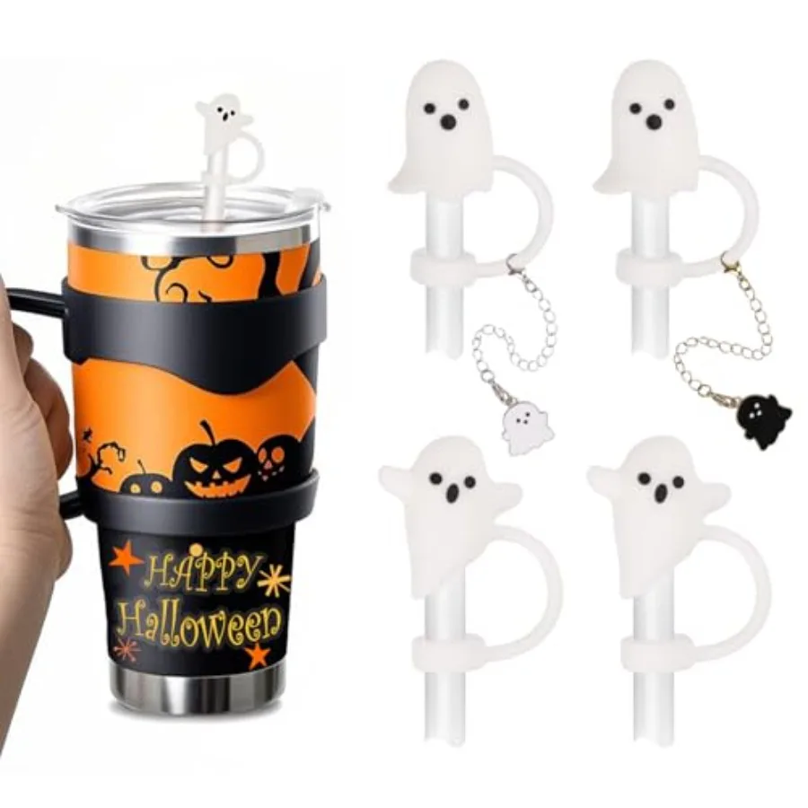 

4 шт. милая соломенная крышка с призраком на Хэллоуин и 2 шт. подвеска-призрак Хэллоуин силиконовая многоразовая соломенная топпер для питья с 2 стилями