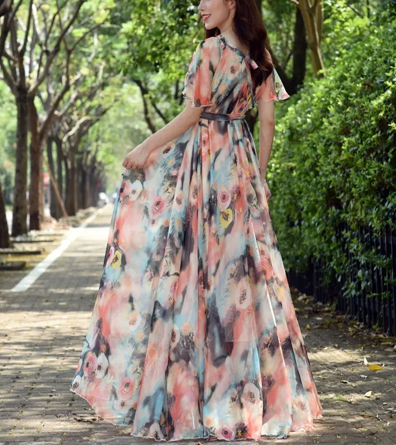 2023 Sundress Beach Chic Women Floral Print Ruffle Chiffon Bohemian Dress Ladies Short Sleeve Boho Maxi Dresses Photo Vestidos