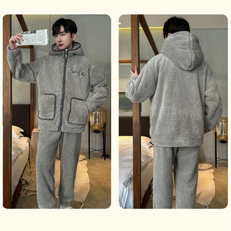 2024 Autumn Winter Hoodies Sleepwear Men\'s Pajamas Set Warm Coral Fleece Pijama 2 Piece Hooded Homewear Thicken Zipper Sleepwear