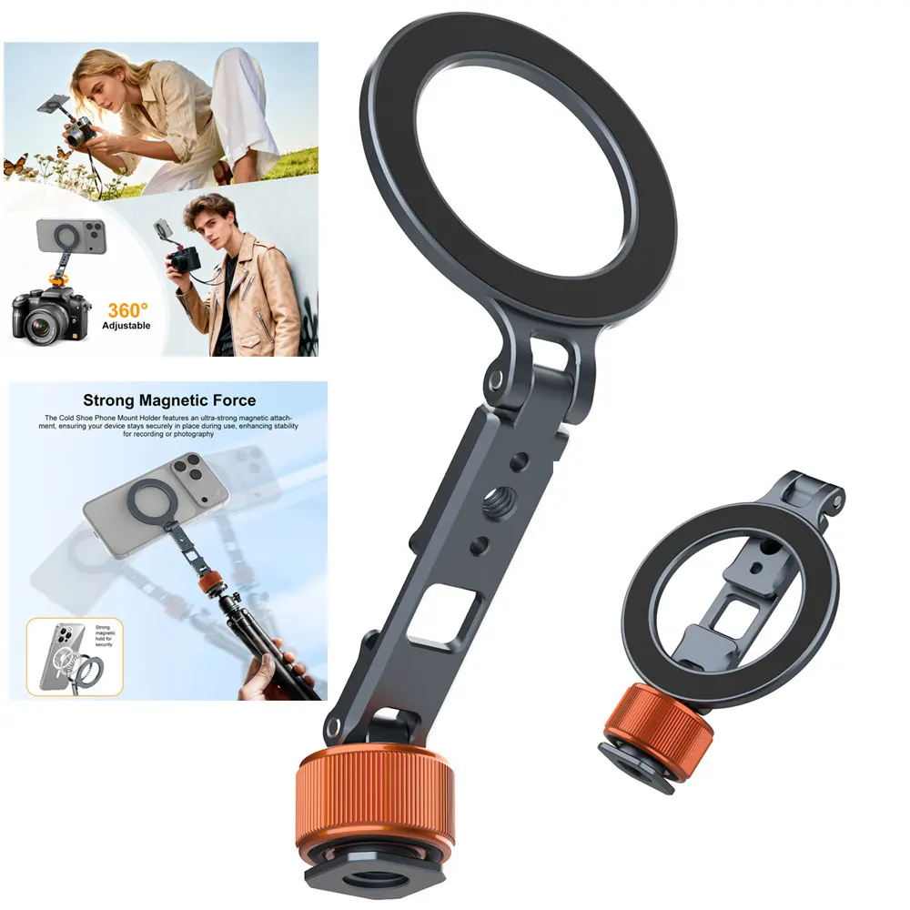 

Magnetic Phone Holder with 1/4" & 3/8" Screw Cold Shoe Adapter 360 Adjustable Camera Tripod Stand for iPhone 16/15/14/ 13/12