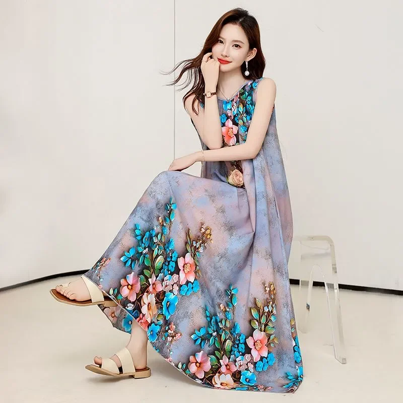 

Womens Floral Print Rayon Sleeveless Maxi Dress Plus Size Beach Vacation Long Dress