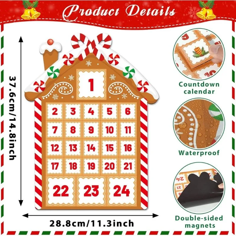 25-Piece Set of Gingerbread House Advent Calendar Fridge Magnets—Magnetic Countdown Calendar with Numbers 1–24