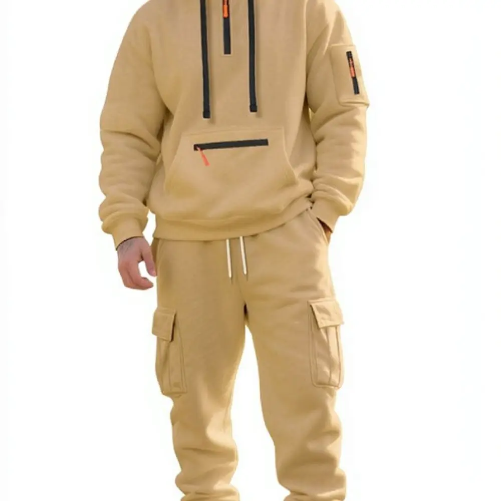 Winter Mens Tracksuit Fleece Lined Casual Hoodie Cargo Set Oversized American Style Sportswear Sweatshirt Jogger Pants Outfit