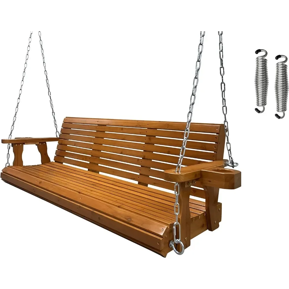 

Wooden Porch Swing 3-Seater, Bench Swing with Cupholders, Hanging Chains and 7mm Springs, Heavy Duty 800 LBS for Outdoor Patio