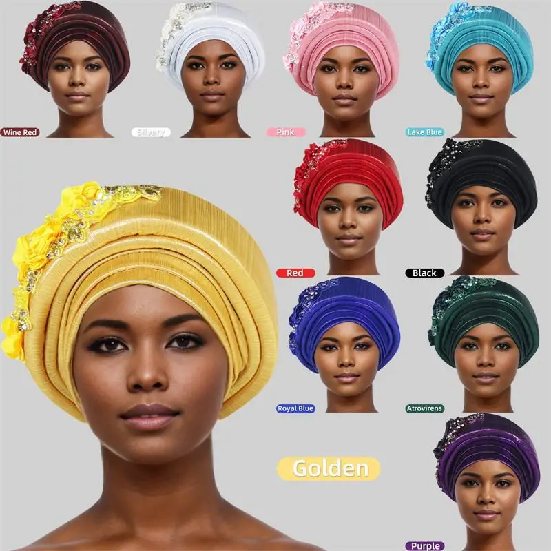 Nigerian African Wedding Party Evening Hats for Women Glitter Flowers Auto Gele Headtie Turban Cap Muslim Hijab Head Wrap Bonnet