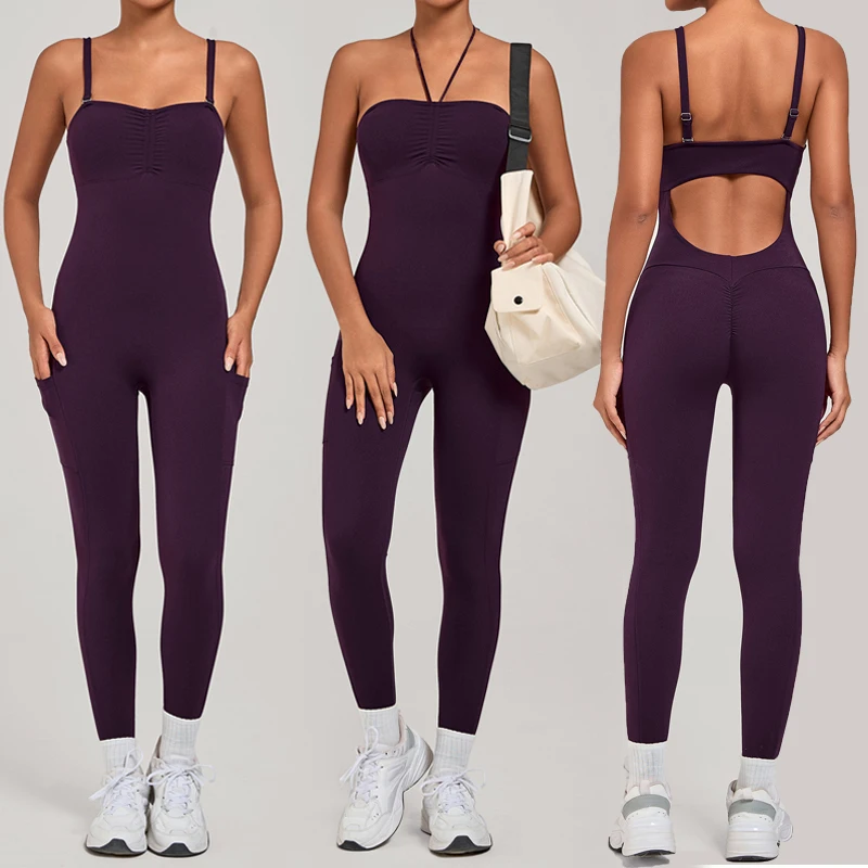 

Women One Piece Fitness Yoga Set Solid Color Slim Fit Gym Jumpsuit Breathable Stretchy Running Sportswear Female Workout Clothes