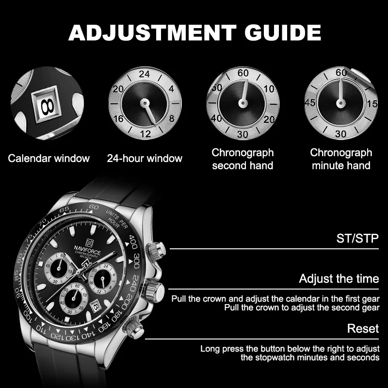NAVIFORCE Creative Multifunction Male Wristwatch Date Display Soft Silicone Strap Watches for Men Waterproof Sports Chronograph