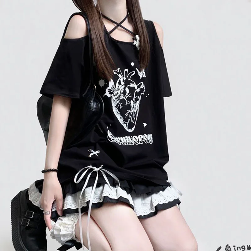 Dark Style Neck Hanging Cross Print Tie Loose Short Sleeved T-shirt for Female Students, Summer Slimming and Flesh Covering Top