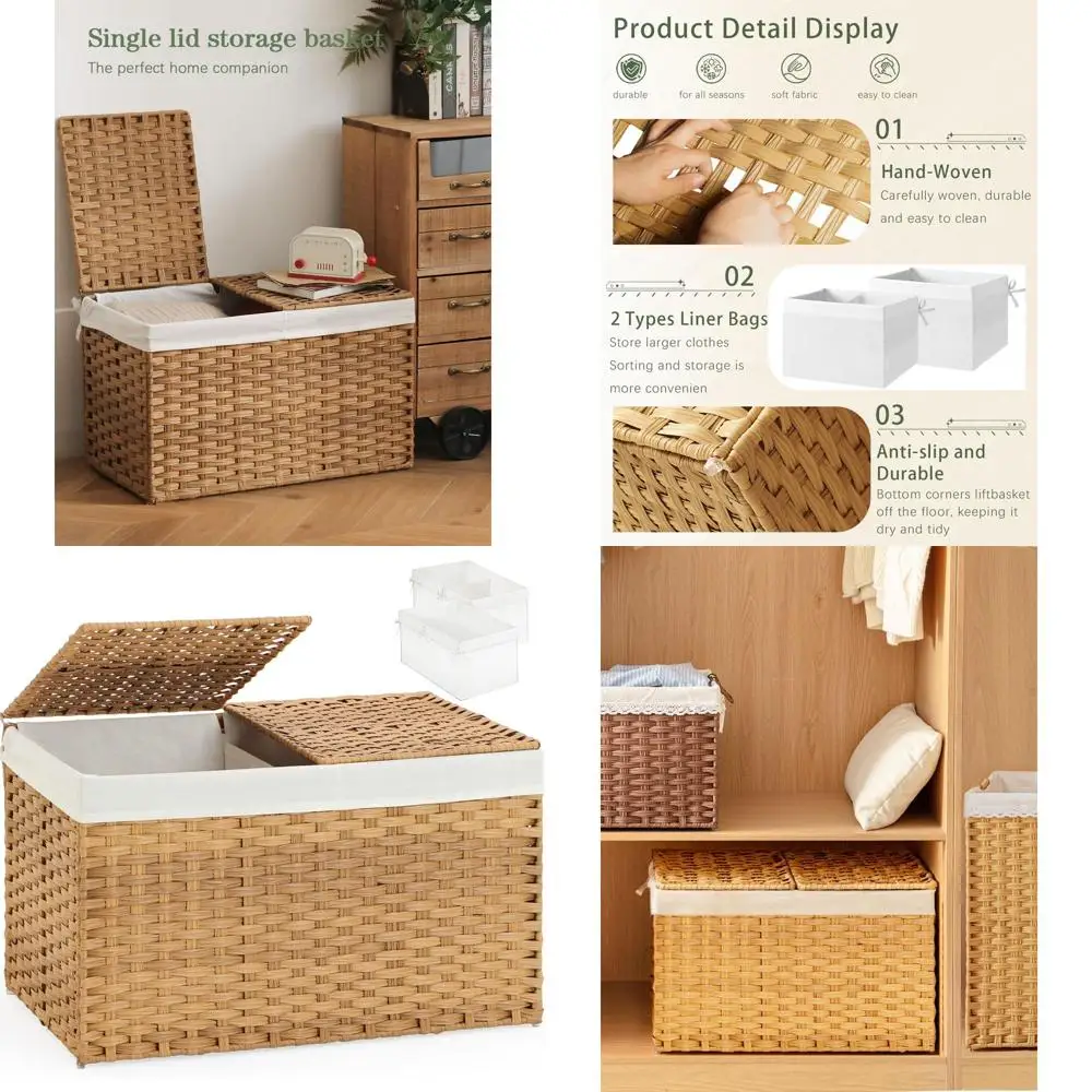 

Большая плетеная корзина для хранения с 2 крышками и вкладышами, вместимость 42,3 галлона, натуральный ротанг, 29,9 x 17,3 x 18,1