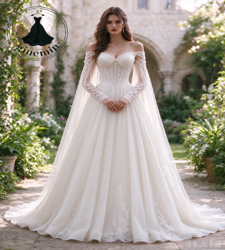 Off Shoulder Lace Wedding Dress With Cape Sleeve Princess Bohemian Celtic Tulle A Line Bridal Gown Romantic Elopement Customized