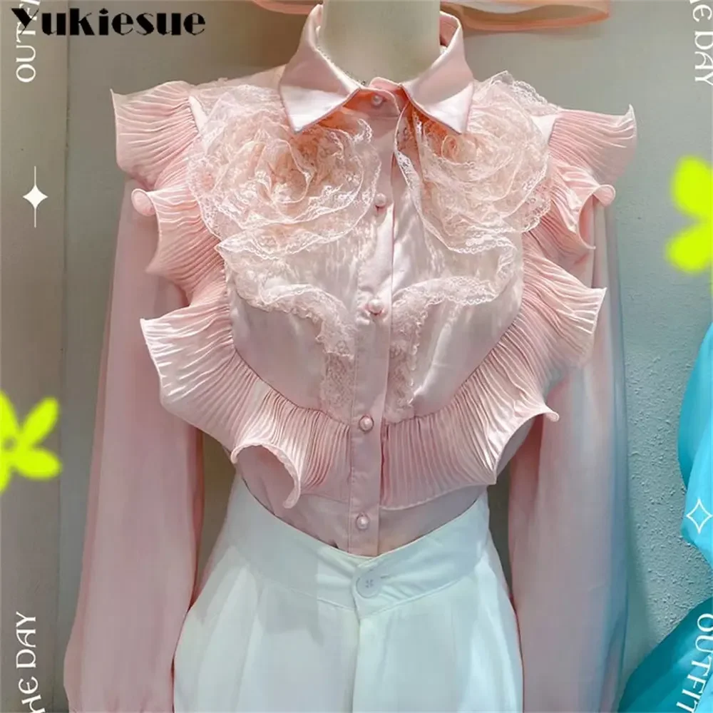 

2025 Spring Autumn Casual Solid Shirt For Women Lapel Collar Long Sleeve Patchwork Ruffle Trim Ruched Loose Chic Blouses Female