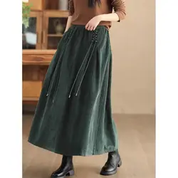 Retro Corduroy Skirt Women Green Spring Autumn Art Large Size Elastic High Waist Drop Feel Loose A-Line Large Swing Skirt K2456