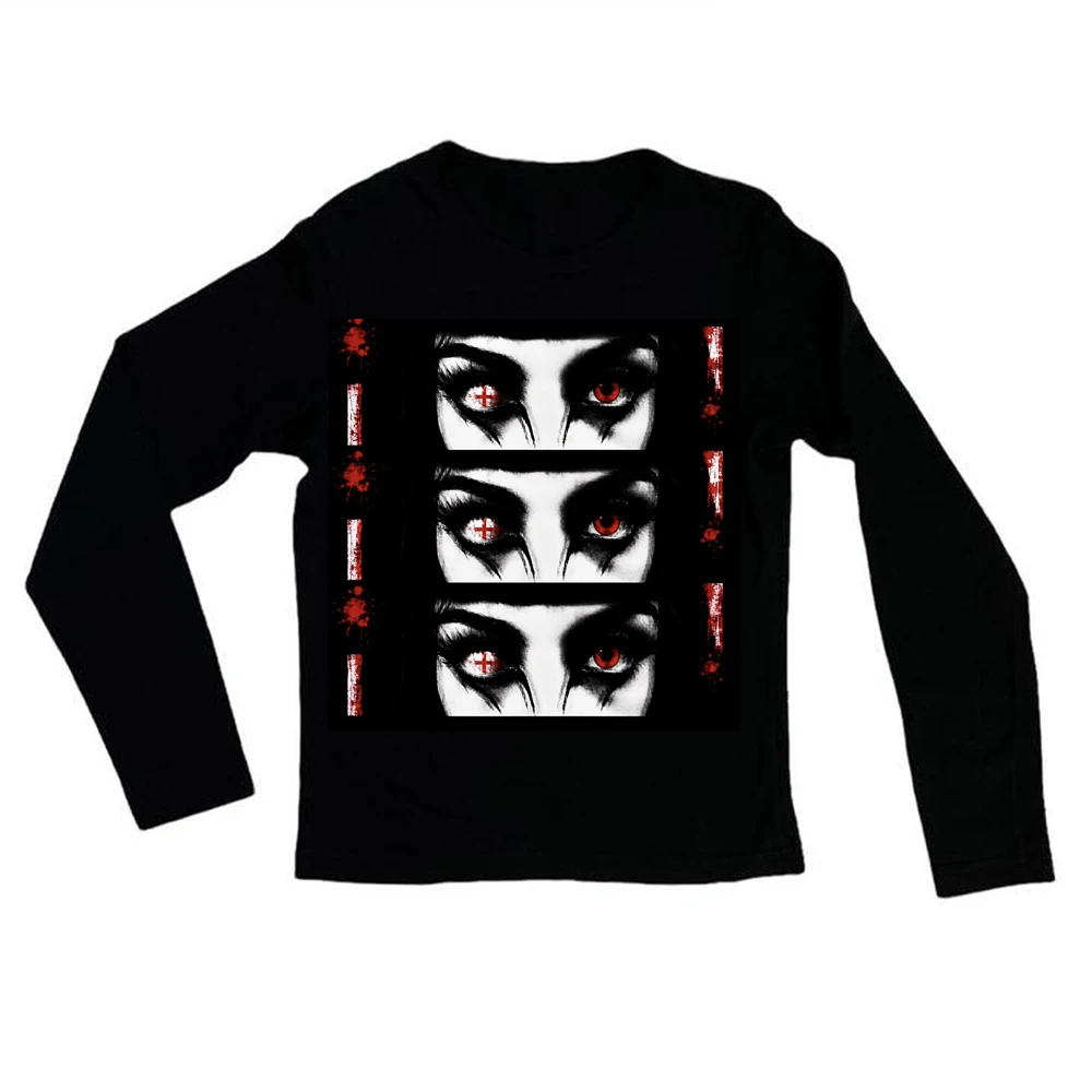 Dark Gothic Demon Red Eyes Print Women Long Sleeve T‑Shirt O‑Neck Horror Aesthetic Ladies Tops